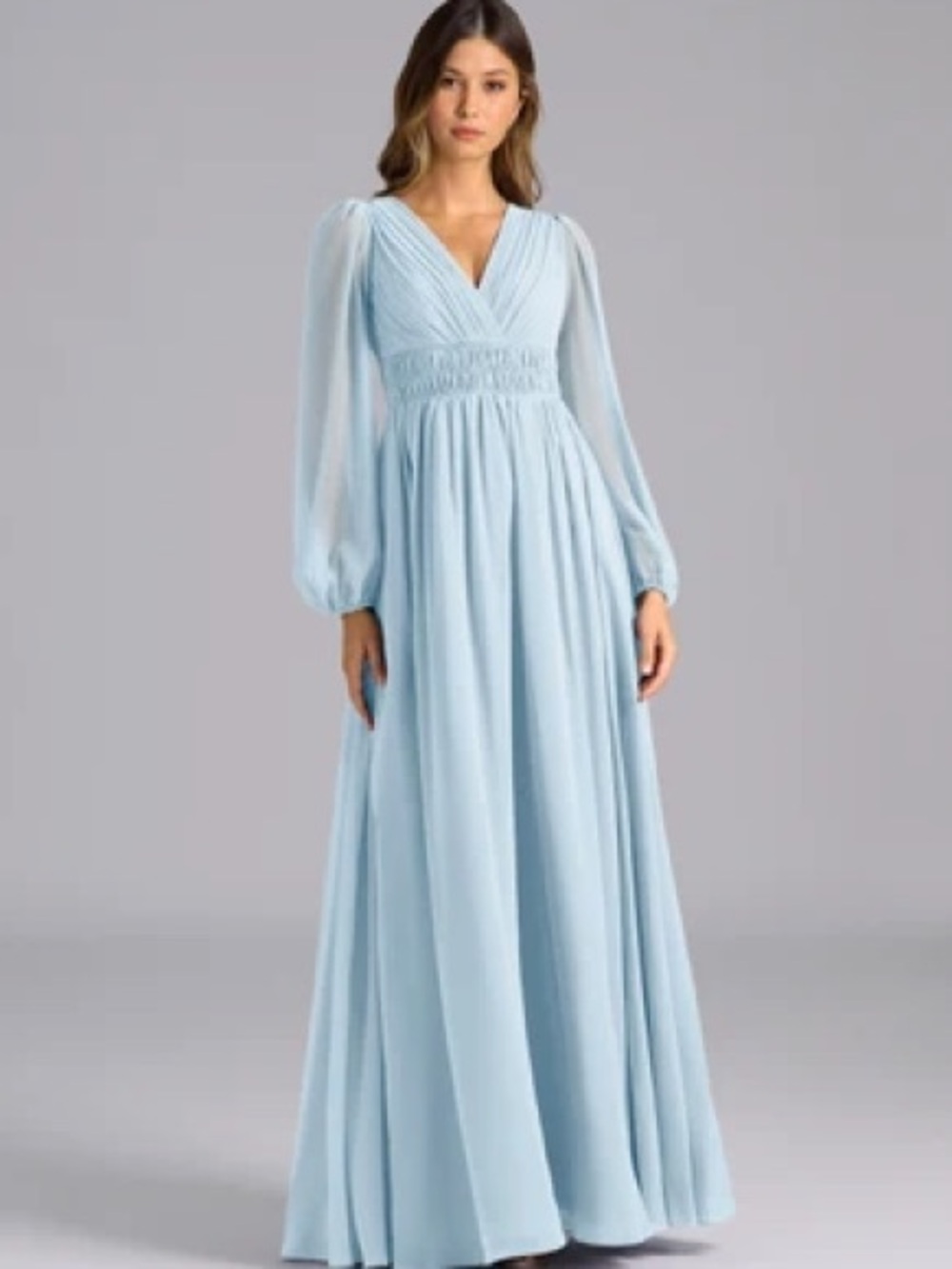 Elegant Light Blue V-Neck Long Sleeve Maxi Dress